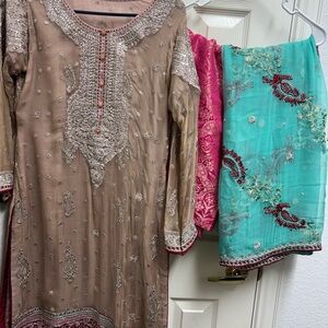 Elegant Embroidered Brown and Teal Outfit